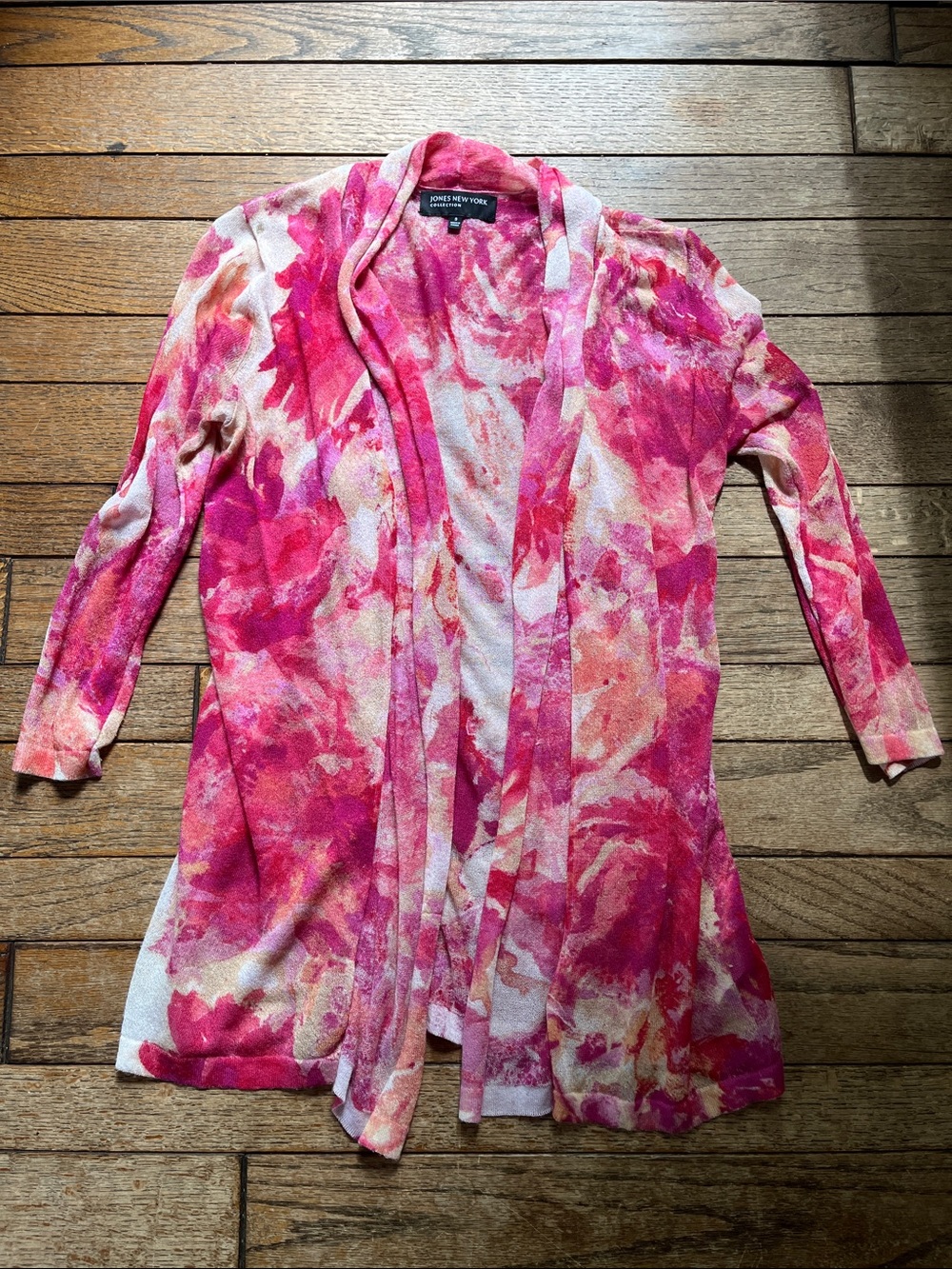 Jones New York Pink and Cream Watercolor Floral Open Cardigan